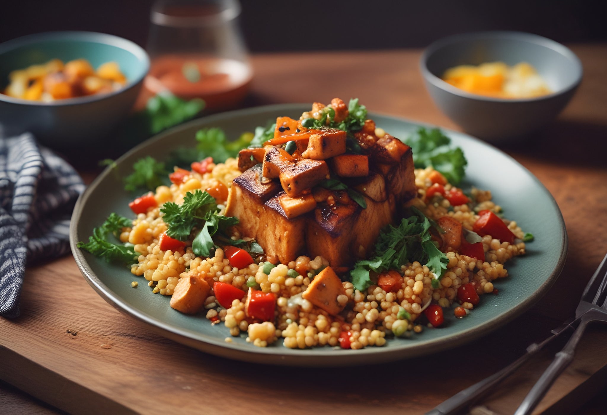 Sticky Harissa Tofu Zhoung Couscous Salad