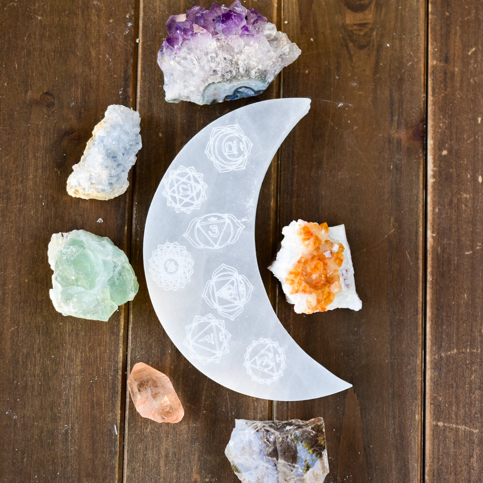 7 Chakras Engraved Crescent Moon Selenite Plate